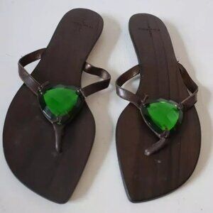 WOMENS DUSICA BROWN GREEN RHINESTONE WOVEN LEATHER THONG SANDAL 36.5 US/6.5 *